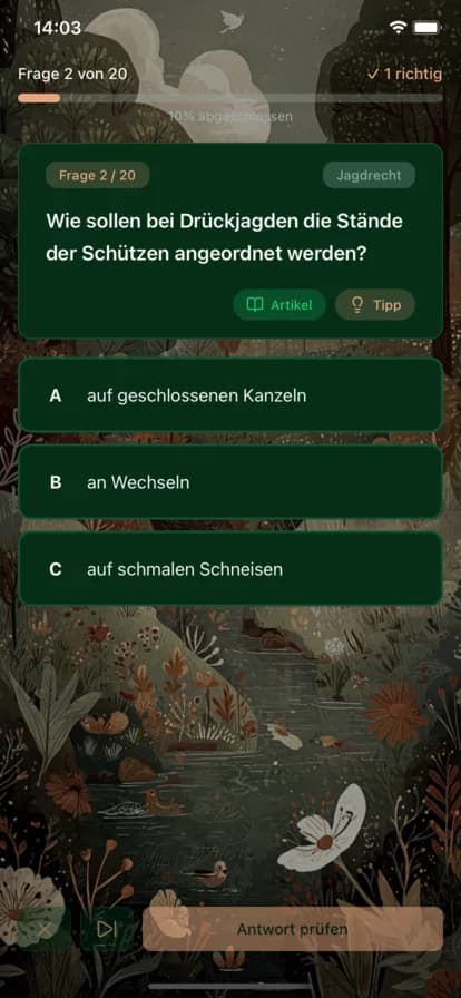 Jagdkompass Quiz-Frage mit Multiple-Choice Antworten und Erklärung