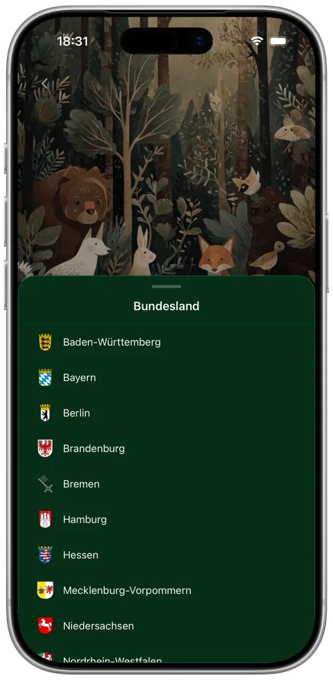 Bundesland-Auswahl in der Jagdkompass-App