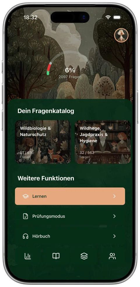 Startbildschirm der Jagdkompass-App mit Fragenkatalog nach Bundesland und Lernfortschritt