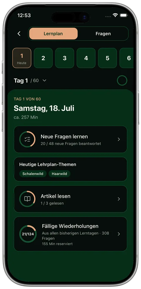 Lernplan der Jagdkompass-App: Tag 1 von 60 mit Tagesaufgaben